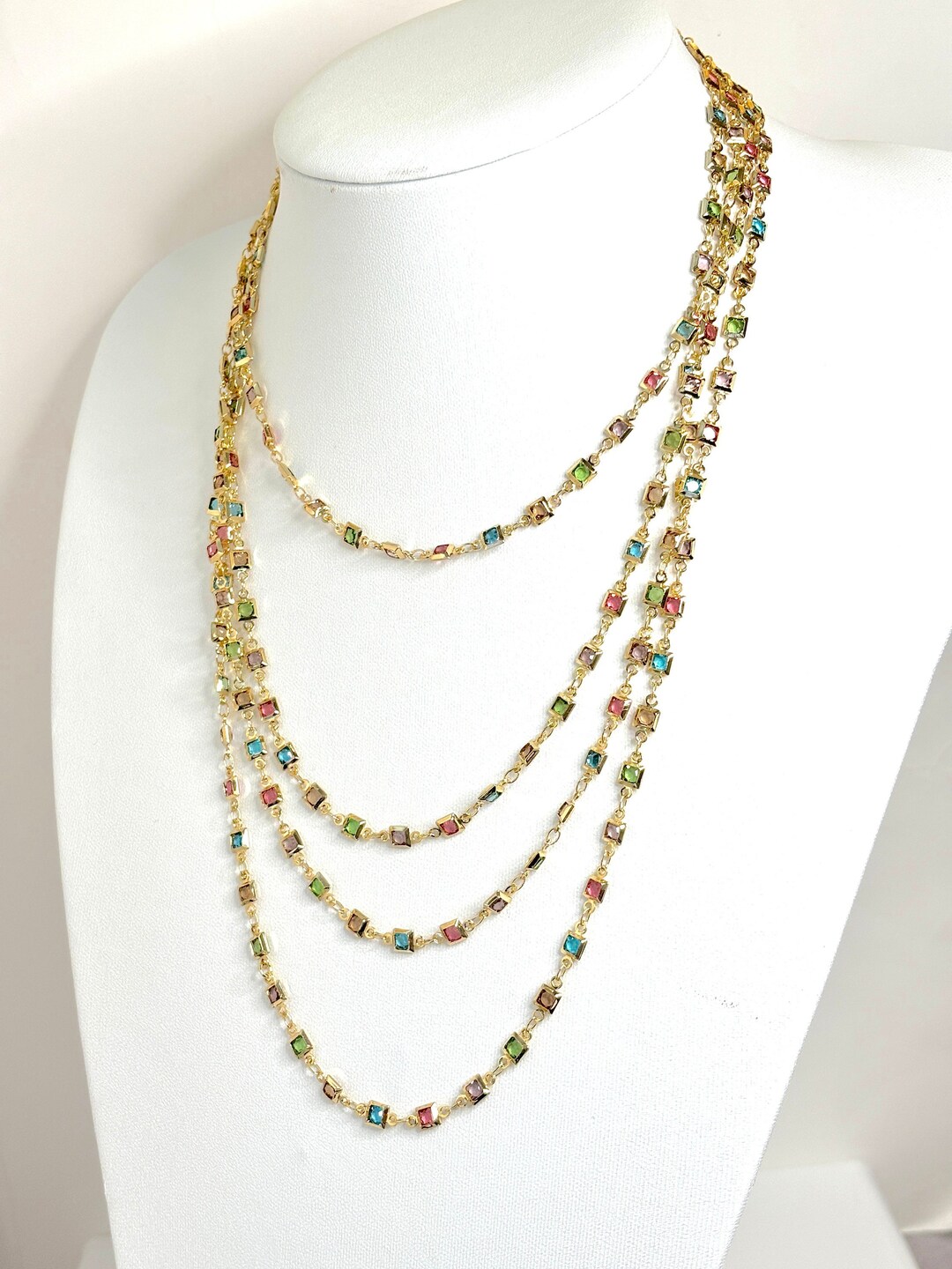 Extra Long Multicolour Crystal Chain Necklace: Gold Tone, No Clasp (78 ...