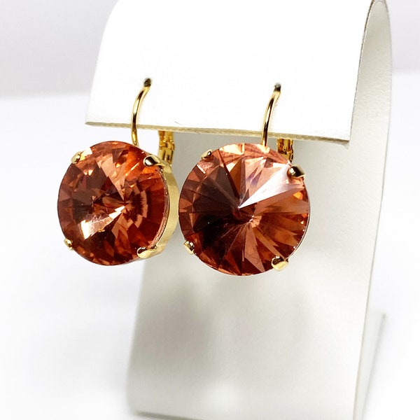 Rose Peach Crystal Earrings, Peach Round Dangles, Rhinestone Drops, Earrings for Women, Statement Drops, Gold Plated, Georgian Paste