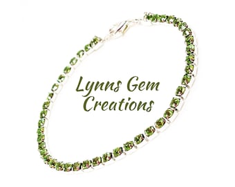 Minimalist Peridot Green Crystal Bracelet, Dainty Tennis Bracelet, Bridesmaid Gift, Silver Plated, Bracelets for Women, Wedding Jewelry