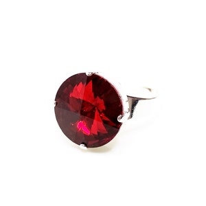 Red Crystal Silver Ring, 16mm Round Stone Ring, Siam Rhinestone Ring, Adjustable Statement Jewellery, Rings for Women, Bold Red Ring