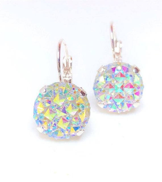 Clear AB Druzy Earrings, Sparkly Rainbow 12mm Crystal Drops