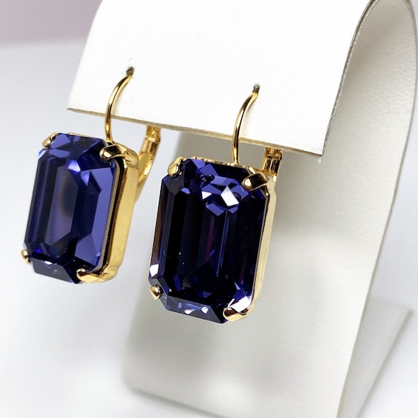 Tanzanite Crystal Earrings, Purple Blue Rectangle Drops, Statement Earrings, Gold Plated, Georgian Collet, Earrings for Women