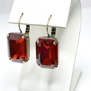 Orecchini in cristallo color mandarino, pendenti in ottone anticato, stile vintage color mandarino, castone georgiano, pendenti rettangolari, orecchini da donna
