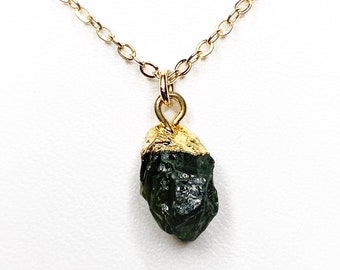Green Sapphire Gold Filled Necklace: Raw Gemstone Pendant