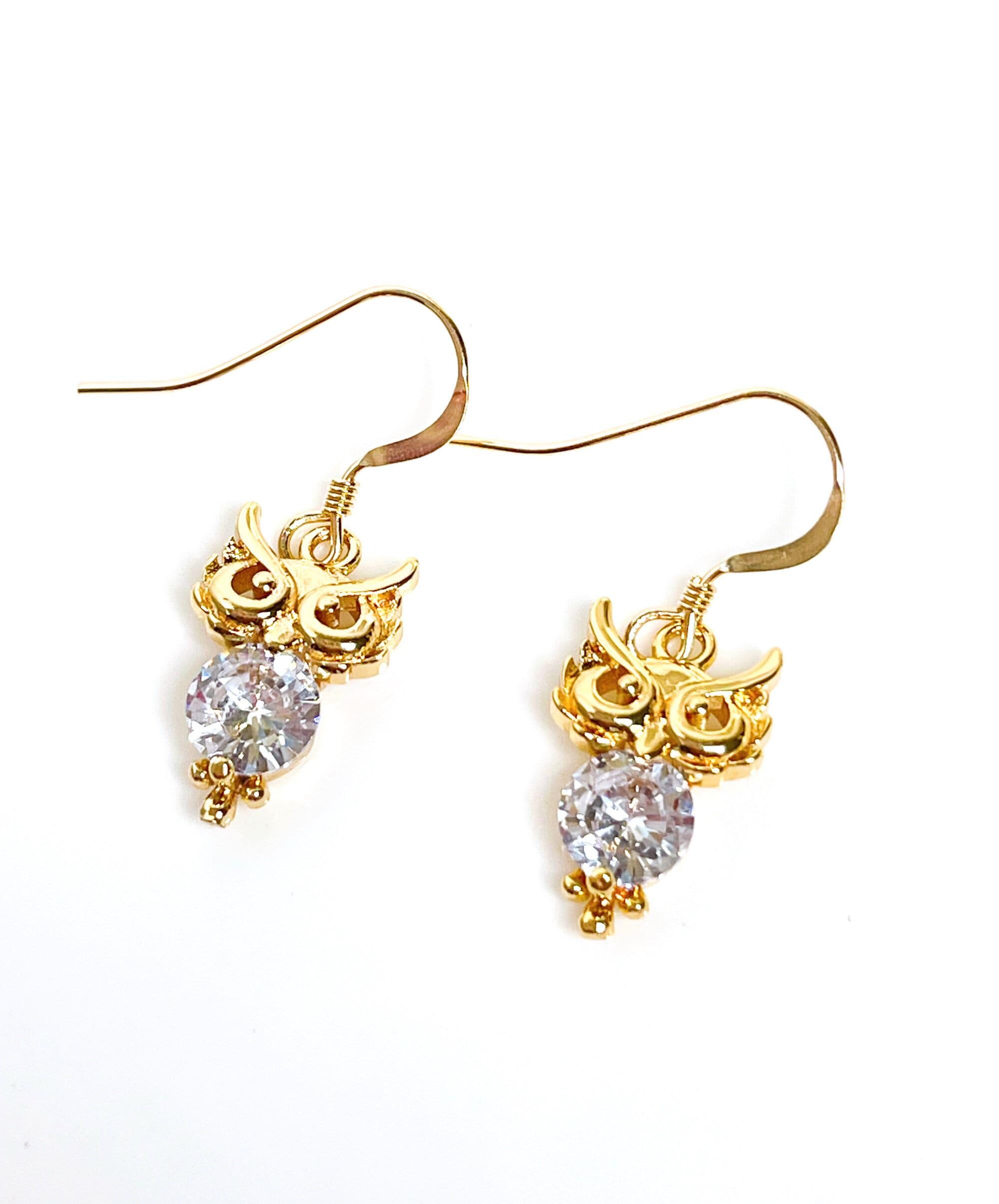 Gold Owl CZ Crystal Earrings, 14kt Gold Filled Drops