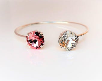 Pink Crystal Bangle, Light Rose Crystal Bracelet, Dainty Designer Jewelry, 12mm Cushion Cut, Silver Plated Cuff, Bracelets For Women