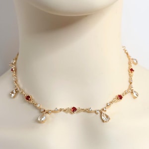 Dainty Red Clear Crystal Teardrop Gold Necklace, Coquette Jewelry, Regency Inspired, Fairycore Choker, Renaissance Fair Jewellery