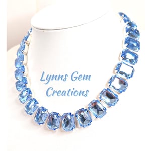 Aquamarine Georgian Collet Crystal Necklace, Anna Wintour Style Crystal Choker, Blue Riviere Necklace, Statement Silver Necklace for Women