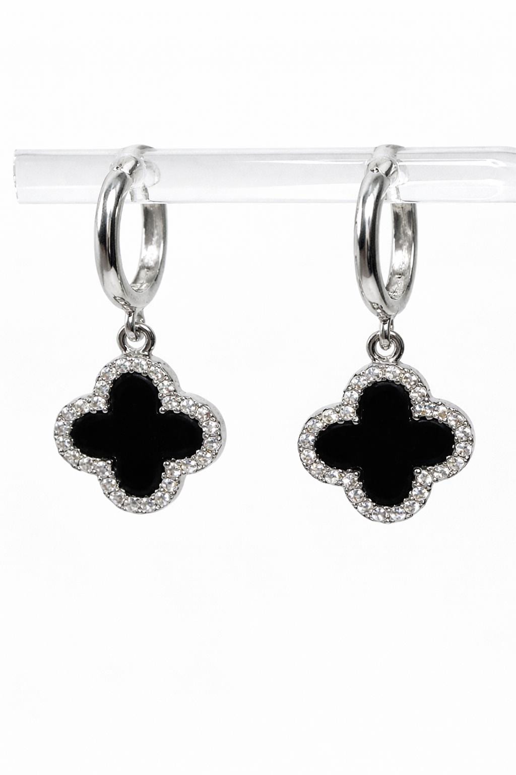 Four Leaf Clover Black Onyx CZ Earrings, Silver Huggie Hoop Drops