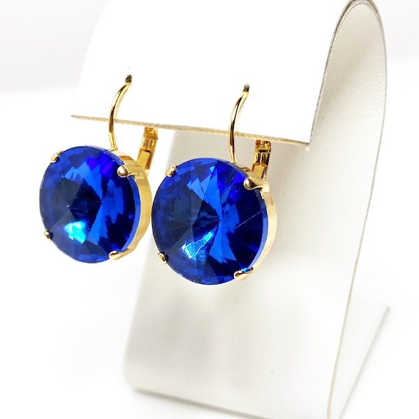 Sapphire Crystal Earrings, Blue Round Dangles, Crystal Rhinestone, Earrings for Women, Statement Drops, Gold Plated, Georgian Earrings