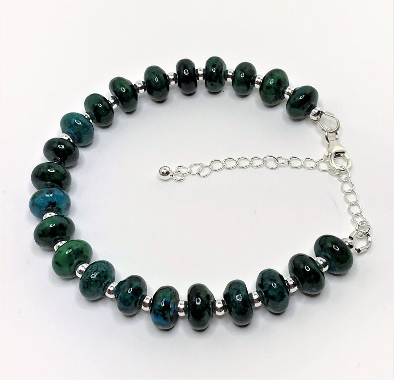 Chrysocolla Gemstone Bracelet 925 Sterling Silver Adjustable Bracelet Blue Green Beaded Bracelet Natural Stone Gift Unique Gift for Her