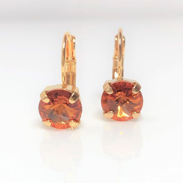 Topaz Premium Crystal Earrings, 8mm Rivoli Crystal Drops, Gold Plated, Lever Back, Georgian Paste Dangles, Gift for Her, Wedding Drops