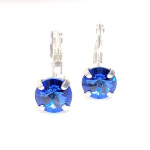Sapphire Austrian Crystal Earrings: Silver Plated Lever Back Dangles