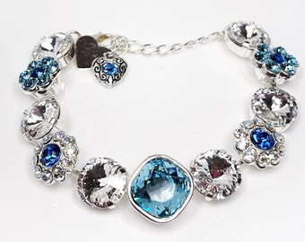 Blue Crystal Bracelet, Austrian Crystal, Flower Tennis, Mariana Jewellery, Bracelets for Women, Statement Gift, Silver Plated