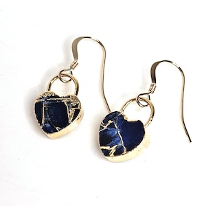 Sapphire Blue Heart Gold Filled Earrings, Blue Raw Stone Drops, Natural Stone, Gemstone Earrings, August Birthstone, Blue Jade Drops