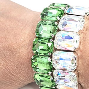 Peridot & Clear AB Crystal Stretch Bracelet: Rectangle Statement Jewelry