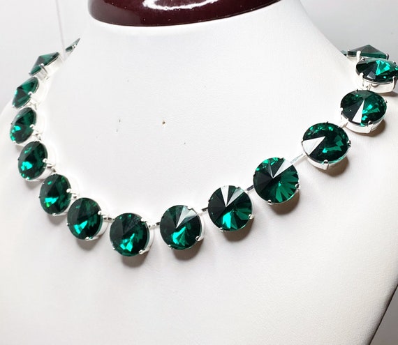 Emerald Crystal Necklace Silver Plated Green Statement Jewellery