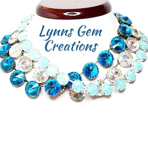 Aquamarine Blue Georgian Collet Necklaces, Anna Wintour Style, Clear Rhinestone Choker, Statement Riviere Necklace, Necklaces for Women