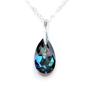 Bermuda Blue Austrian Crystal Pendant, 925 Sterling Silver, Blue Teardrop Crystal Necklace, Unique Gift for Her, Blue Green Necklace