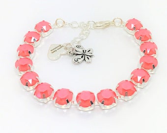 Light Coral Crystal Bracelet, Red Pink Crystal Jewelry, Pink Tennis Bracelet, Coral Austrian Crystal, Bracelets For Women