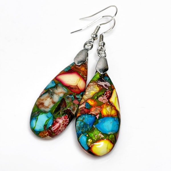 Multi Colour Jasper Earrings, Rainbow Stone Jewelry, Imperial Jasper Jewellery, Natural Stone Earrings, Stone Teardrops, Earrings for Women