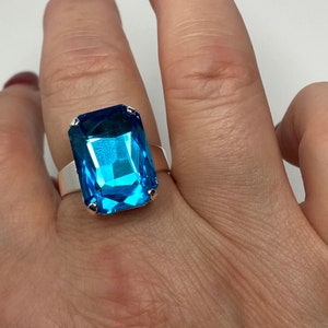 Aquamarine Crystal Ring, Blue Rectangle Statement Ring, Silver Plated, Georgian Collet, Vintage Style, Rings For Women, Blue Crystal Jewelry
