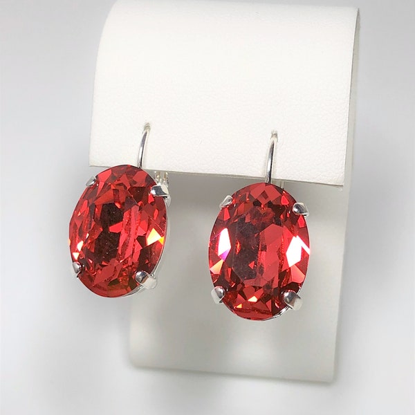 Red Austrian Crystal Earrings, Oval Dangles, Statement Drops, Silver Plated, Georgian Paste, Wedding, Collet Earrings