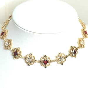 Vintage Style Ruby Red Crystal Gold Necklace Earrings, Regal Flower Necklace, Fairycore Choker, Regency Inspired Choker, Gift for Her