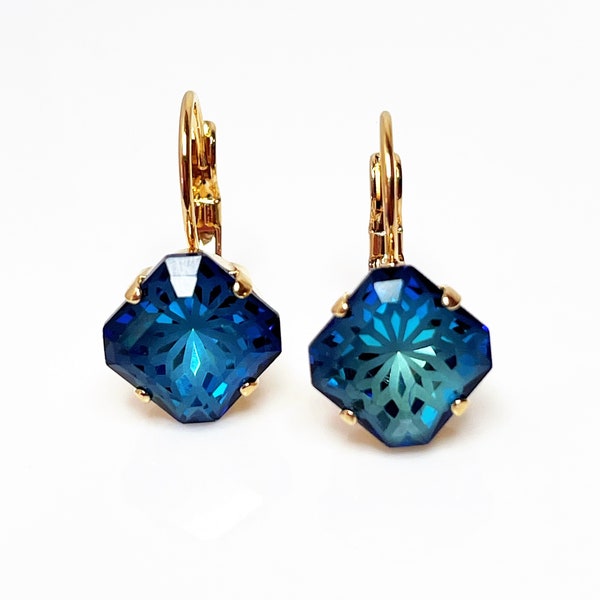 Bermuda Blue K9 Crystal Earrings, 10mm Cushion Cut, Blue Sparkly Drops, Wedding Earrings, Earrings for Women, Gold Plated, Georgian Style