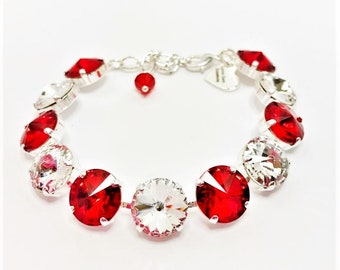 Red Siam Crystal Bracelet, 12mm Rivoli Bracelet, Red Austrian Crystal Jewellery, Unique Bracelet, Gift for Her, Statement Bracelet