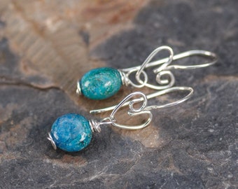 Chrysocolla Earrings, Handmade Wire Heart Earrings, Blue Green Stone Earrings, Teal Stone Drop Earrings, Jewelry Gift for Woman