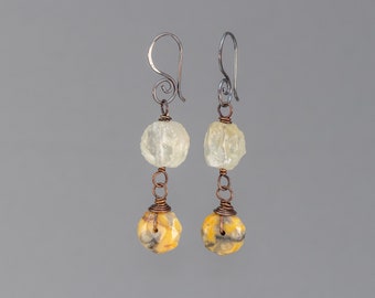 Crazy Lace Agate Earrings, Raw Citrine Earrings, Yellow Stone Dangle Earrings, Natural Stone Jewelry in Copper, November Birthstone Earrings