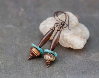 Turquoise Earrings in Copper, Turquoise and Jasper Earrings, Copper Beaded Earrings, Rustic Everyday Earrings, Natural Stone Dangle Earrings