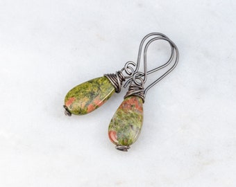 Unakite Earrings, Moss Green Earrings, Green Stone Drop Earrings, Antiqued Sterling Silver Earrings with Salmon Pink and Olive Green Stones