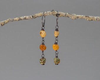 Brown and Green Stone Earrings Rustic Jasper Linear Earrings Ocean Jasper with Rhyolite