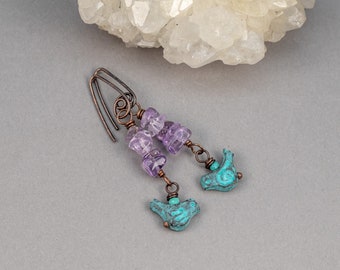 Little Bird Dangle Earrings, Turquoise Patina Charms, Amethyst Earrings in Copper, Amethyst and Turquoise Natural Stones