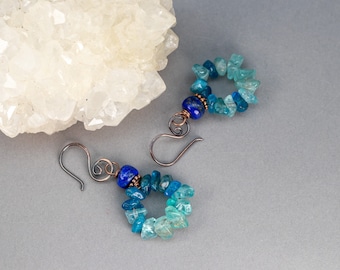 Boho Ocean Blue Earrings, Gemstone Chip Earrings, Circle Earrings, Teal Stone Earrings, Teal with Blue, Lapis and Apatite Natural Stone,