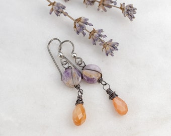 Purple Orange Earrings, Peach Moonstone Earrings, Chevron Amethyst Earrings, Moonstone Amethyst Dangle Earrings, Nickel Free Ear Wires