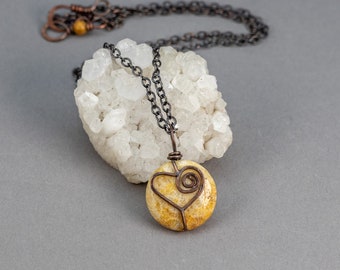 Fossil Stone Layering Necklace, Agatized Coral, Fossil Coral, Yellow Orange Stone Pendant, Copper Heart Necklace