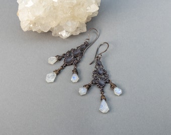 Vintage Style Chandelier Earrings, Rainbow Moonstone Dangle Earrings, Art Nouveau Inspired, Feminine Jewelry with Rustic Vibes