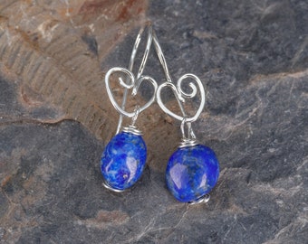 Royal Blue Stone Earrings, Lapis Lazuli Earrings, Silver Wire Heart Earrings, Small Lapis Earrings,  Rustic Lapis Drop Earrings