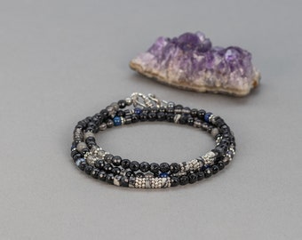 Black Beaded Wrap Bracelet, 21 Inch Bead Necklace or Bracelet, Glass and Stone Bead Bracelet, Mixed Gemstones, Blue Gray Black Bracelet