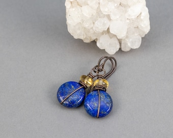 Stone Bead Drop Earrings, Lapis Earrings, Nickel-Free Wires, Lapis and Citrine Natural Stone Earrings, Dainty Blue Stone Earrings