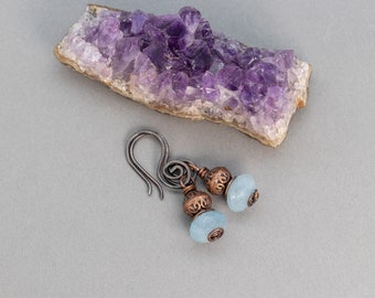 Aquamarine Copper Earrings, Blue Gemstone Beaded Earrings, Aqua Stone Earrings, Dainty Blue Earrings