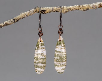 Ocean Jasper Earrings, Green and White Stone Earrings, Natural Stone Teardrop Earrings,  Jasper Dangle Earrings Copper, Stone Dangle Earring