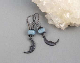 Whimsical Moon Face Earrings, Crescent Moon Earrings, Aquamarine Brass Earrings, Unique Birthstone Jewelry Gift, Vintage Style