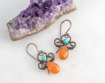 Turquoise & Orange Earrings, Carnelian Earrings in Copper, Copper Scroll Earrings, Orange Stone Earrings