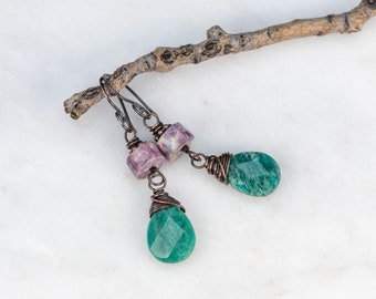 Amazonite Dangle Earrings, Teal Stone Earrings, Copper Wire Wrap Natural Stone Earrings, Pink and Teal, Ruby in Kyanite Gemstones
