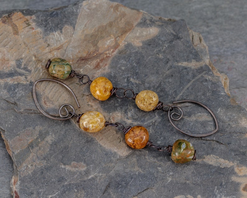 Brown and Green Stone Earrings Rustic Jasper Linear Earrings Ocean Jasper with Rhyolite