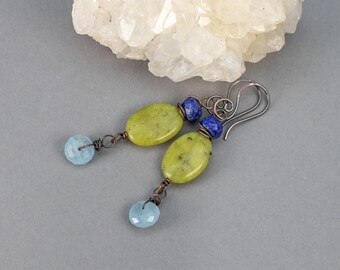 Multicolor Stone Earrings, Aquamarine Earrings, Bright Green Earrings, Green and Blue Natural Stones, Colorful Dangle Earrings